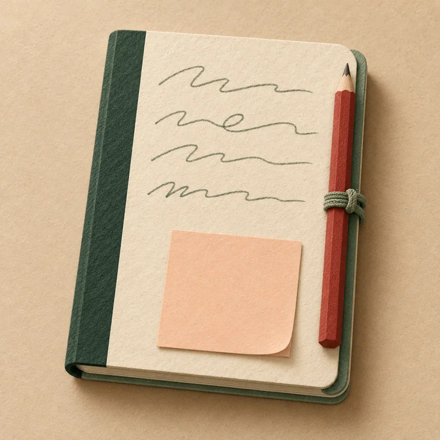A notepad with scribbled notes and a red pencil
