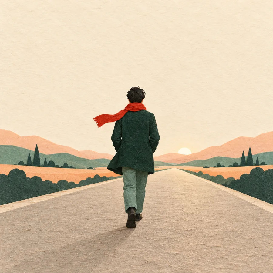 A person in a red scarf walks away down a long road
