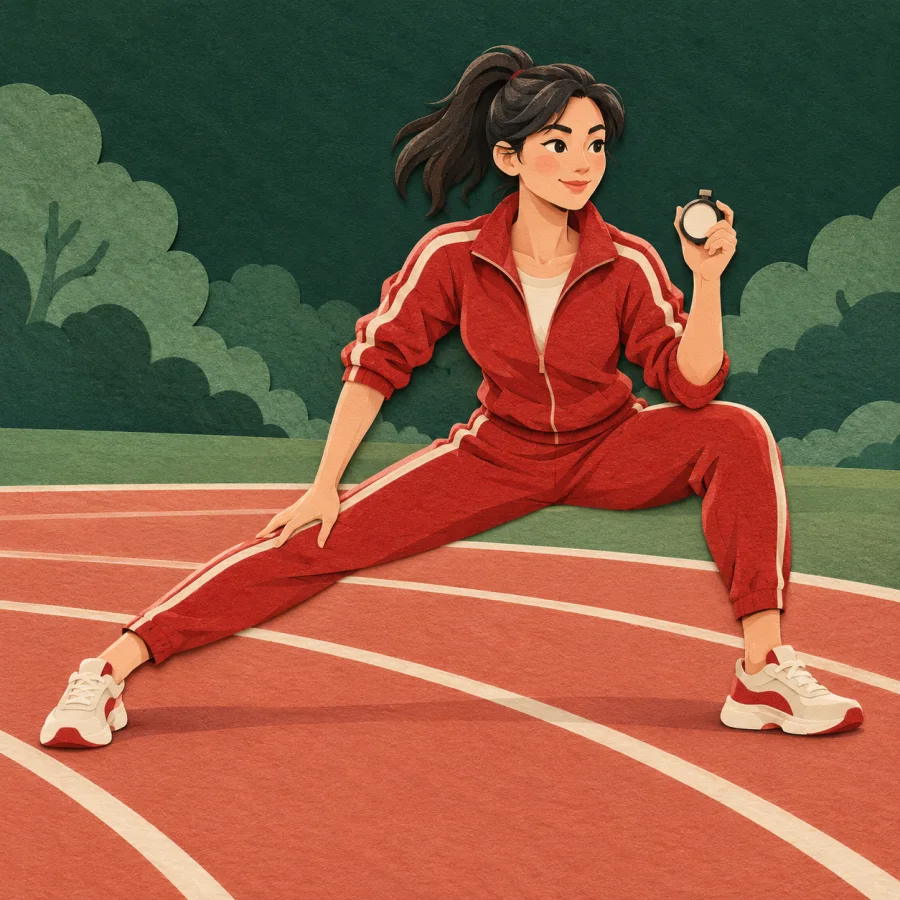 A runner in red stretches on a running track