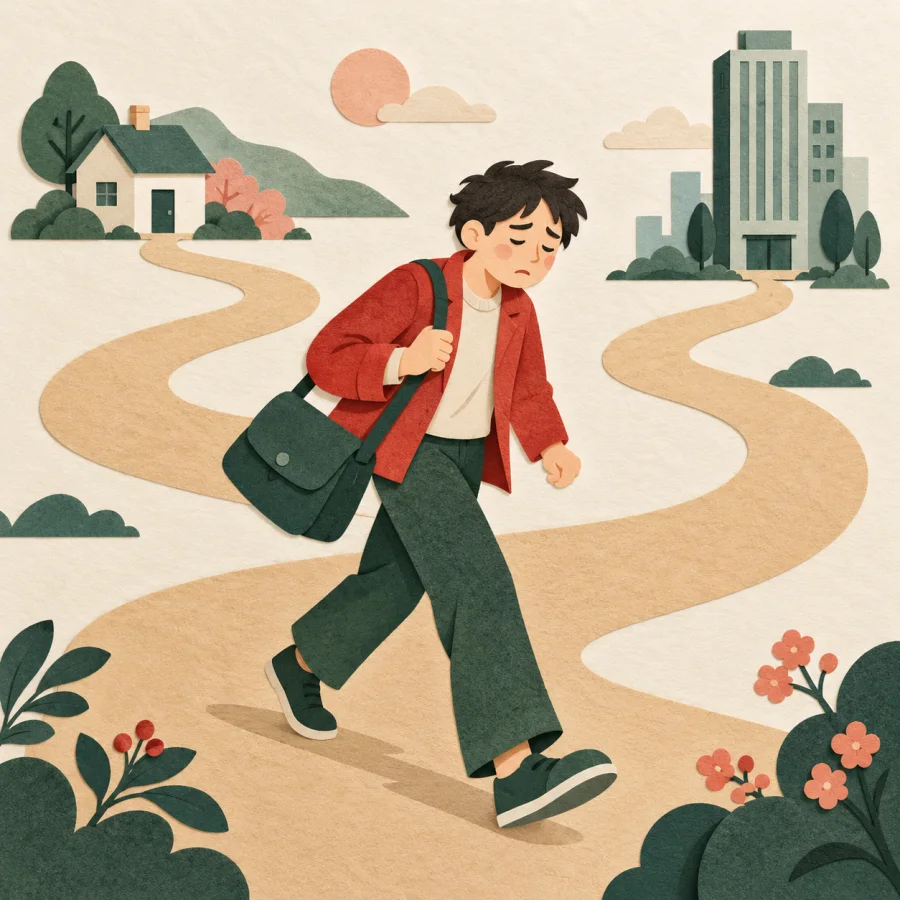 A tired person with a bag hurries along a long road