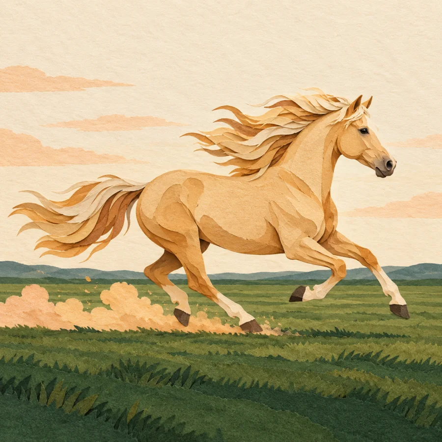A horse with a flowing mane gallops across a plain