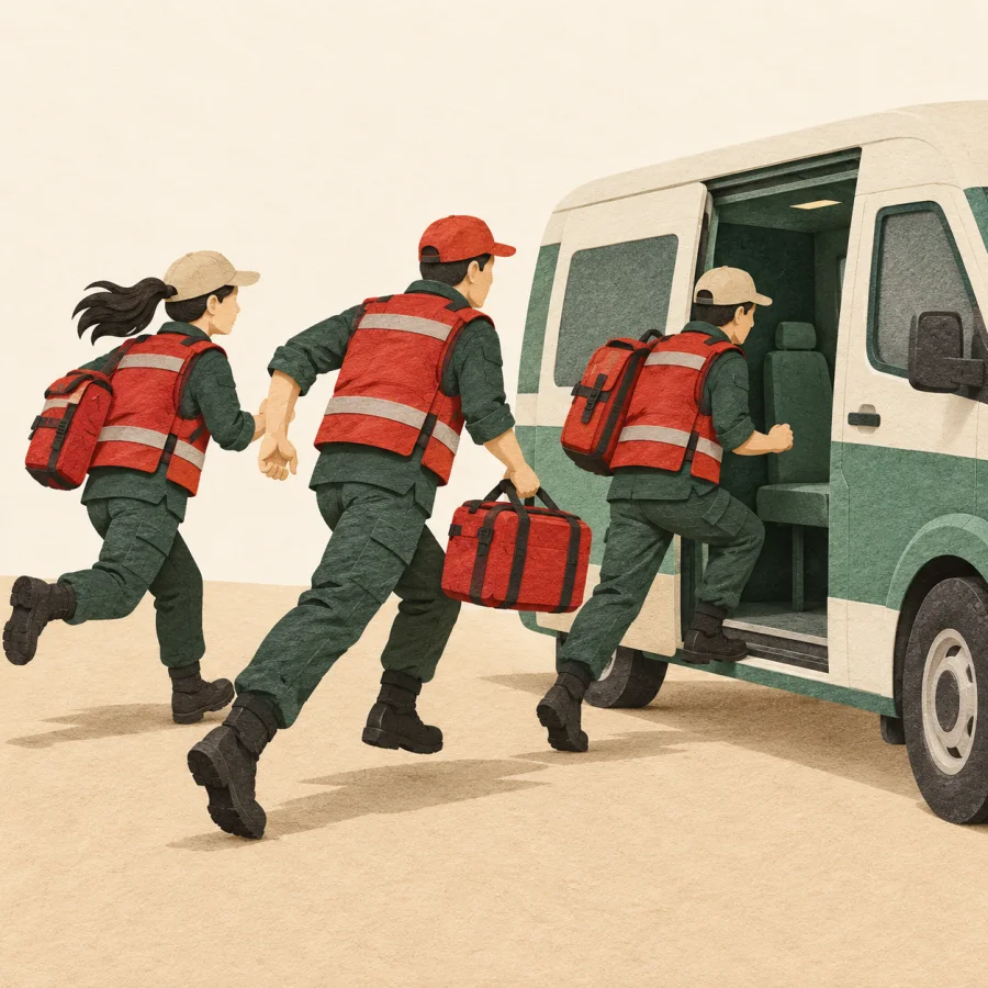 Rescue workers in red vests run toward a van