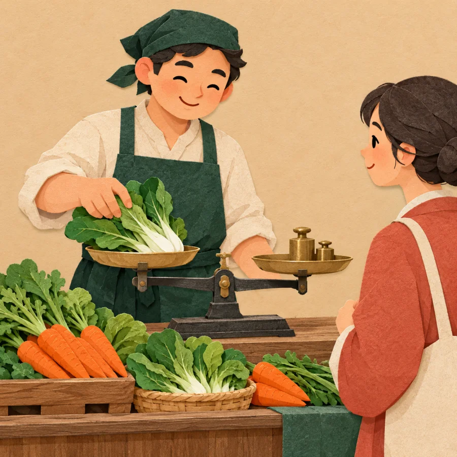 An honest vendor weighs vegetables for a customer