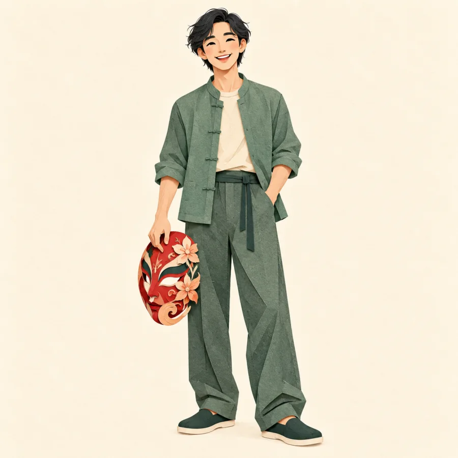 A smiling person in plain clothes holds a fancy mask