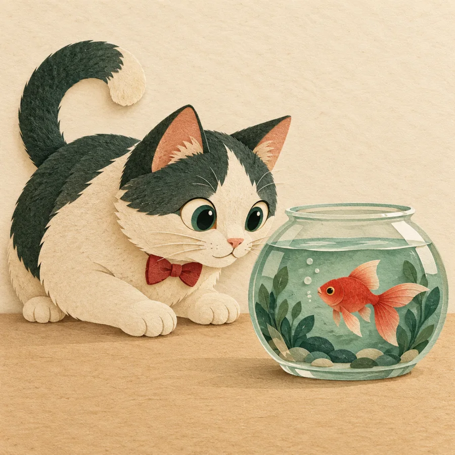 A cat in a red bow tie stares at a fish in a bowl