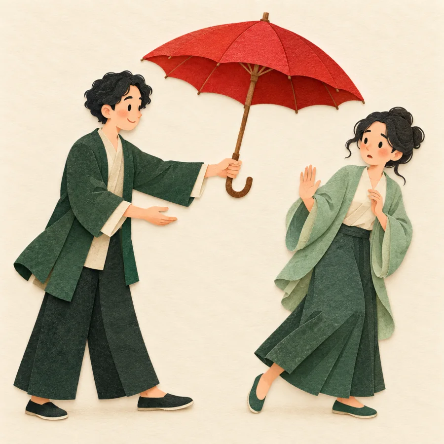 A person offers an umbrella while a puzzled friend steps back