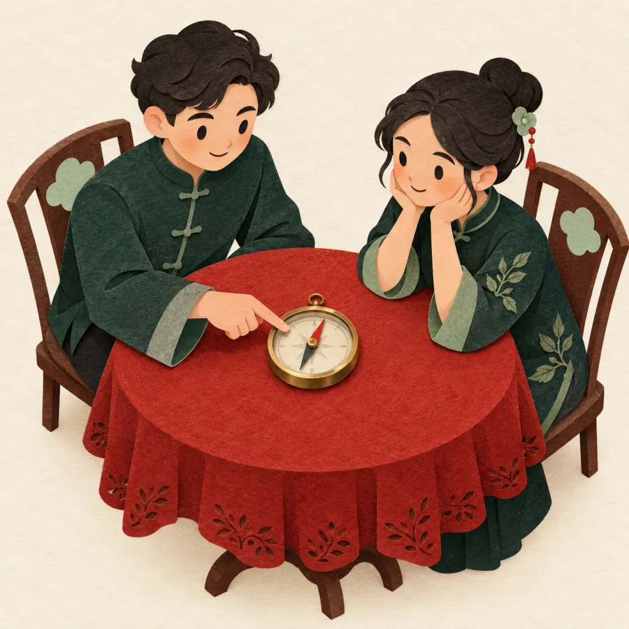 Two people at a table with a compass between them