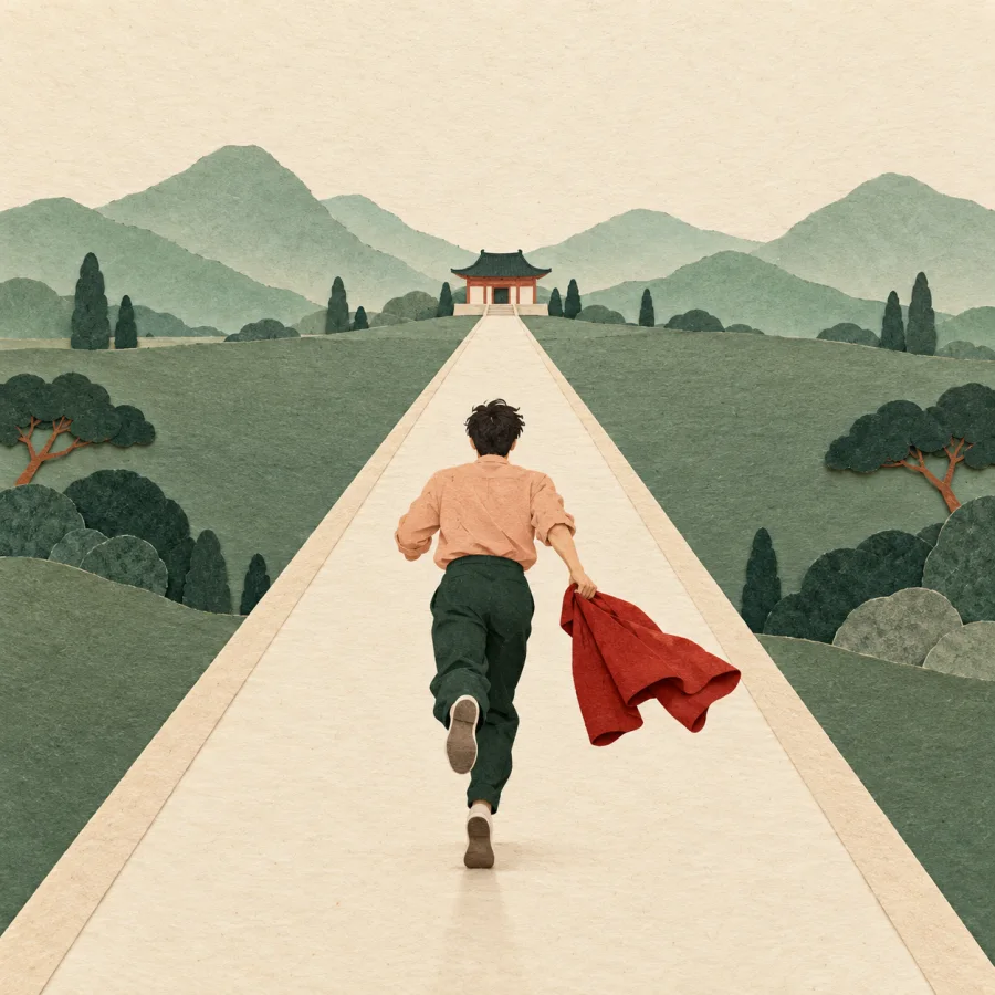 A person with a coat in hand runs along a straight road