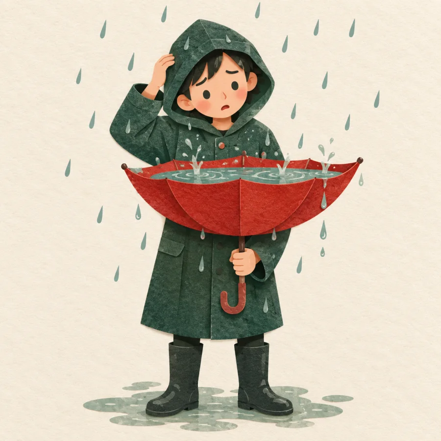A puzzled person holds an umbrella upside down in rain