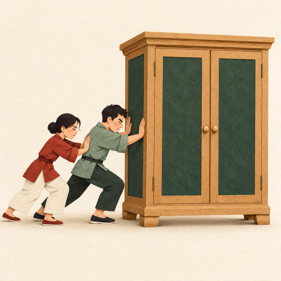Two small people push a huge wardrobe