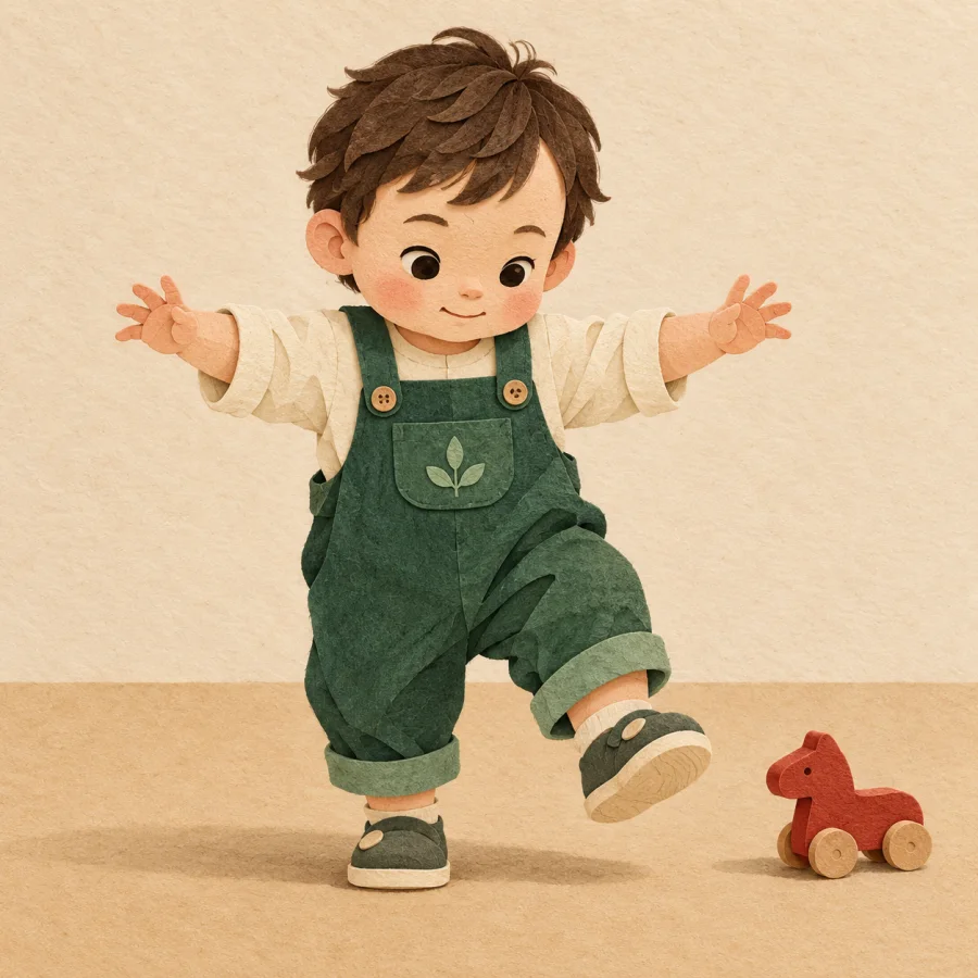 A toddler takes a wobbly step with arms out