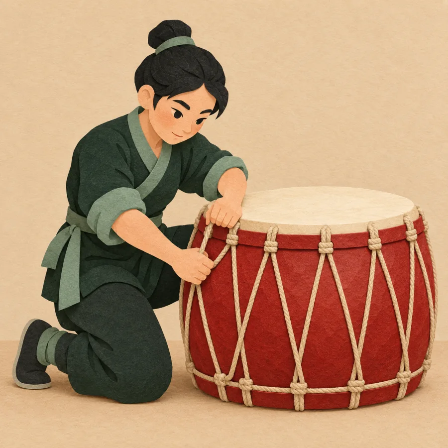 A person tightens the ropes on a drum