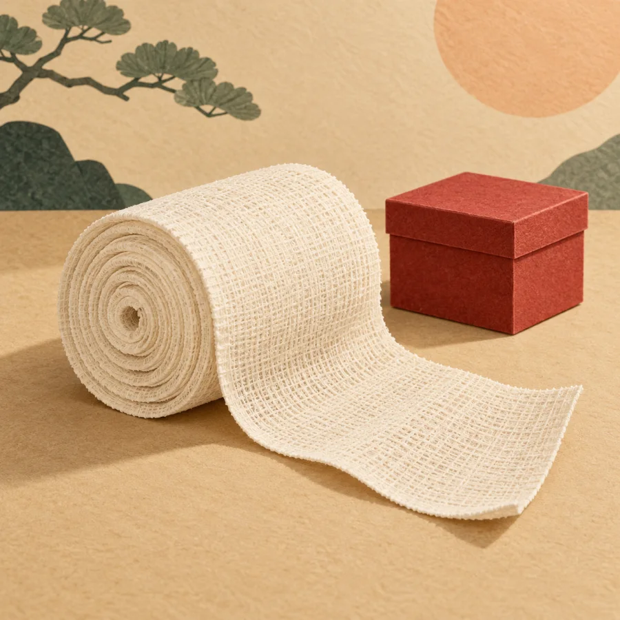 A roll of bandage and a small red box on a table