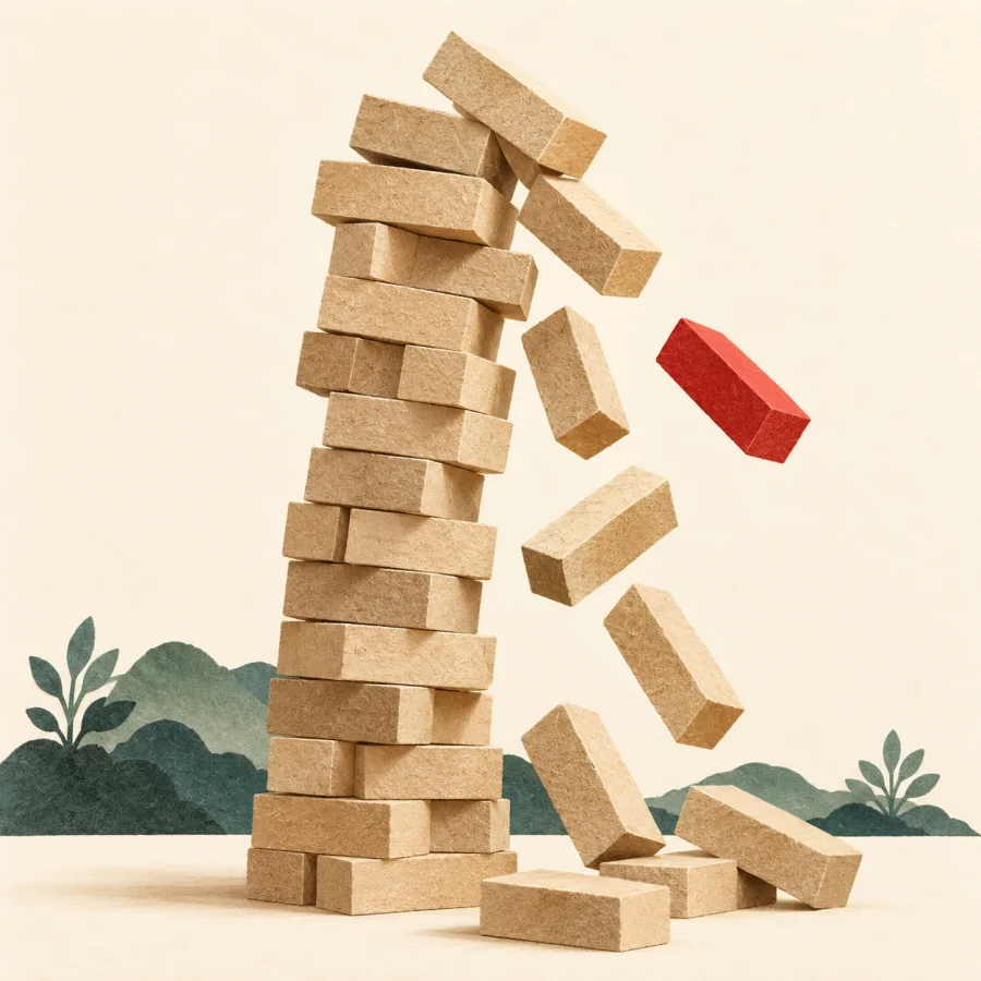 A block tower tumbles down, one red block flying