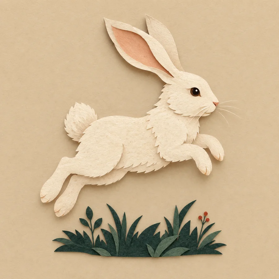 A cream rabbit hops above green grass