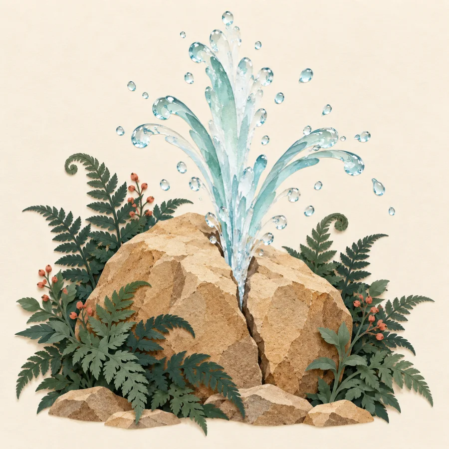 A jet of water bursts from a crack in a rock
