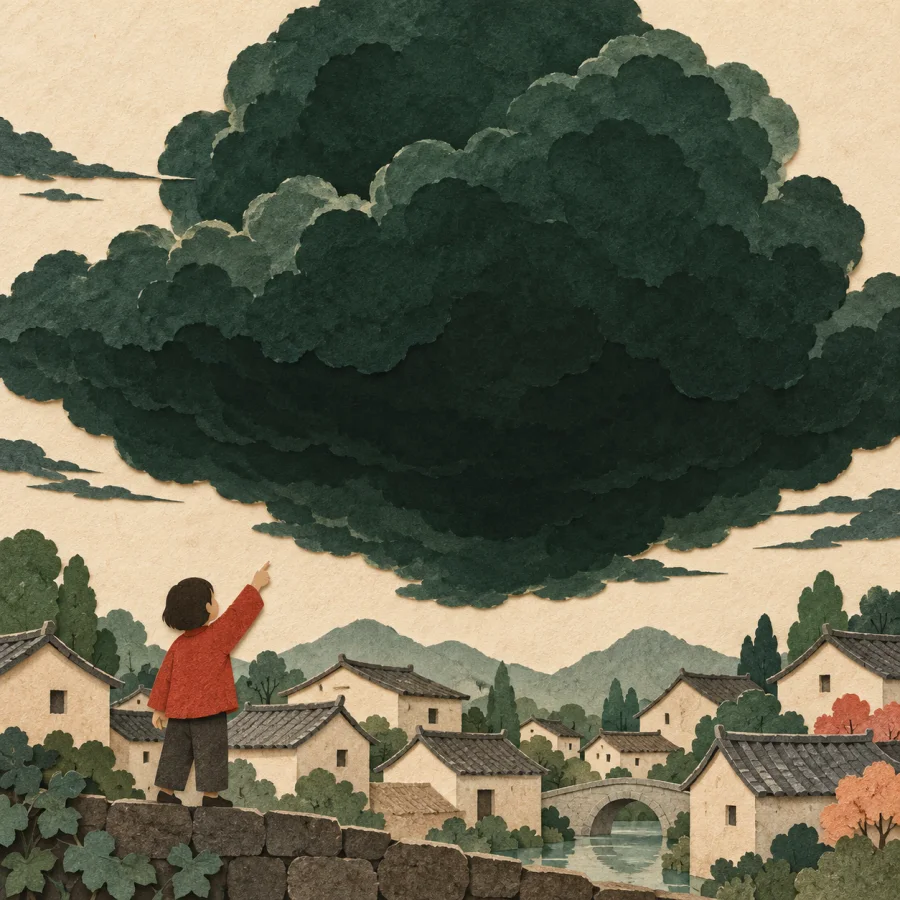 A huge dark cloud looms over village rooftops