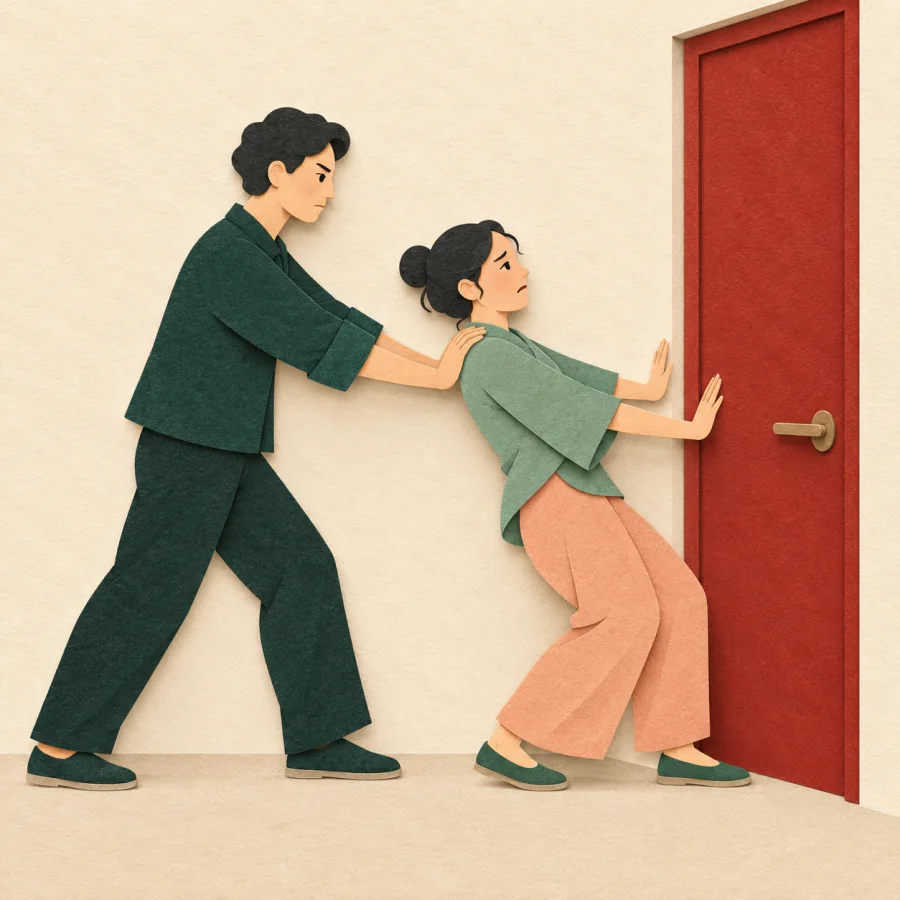 A big person pushes a smaller person toward a door