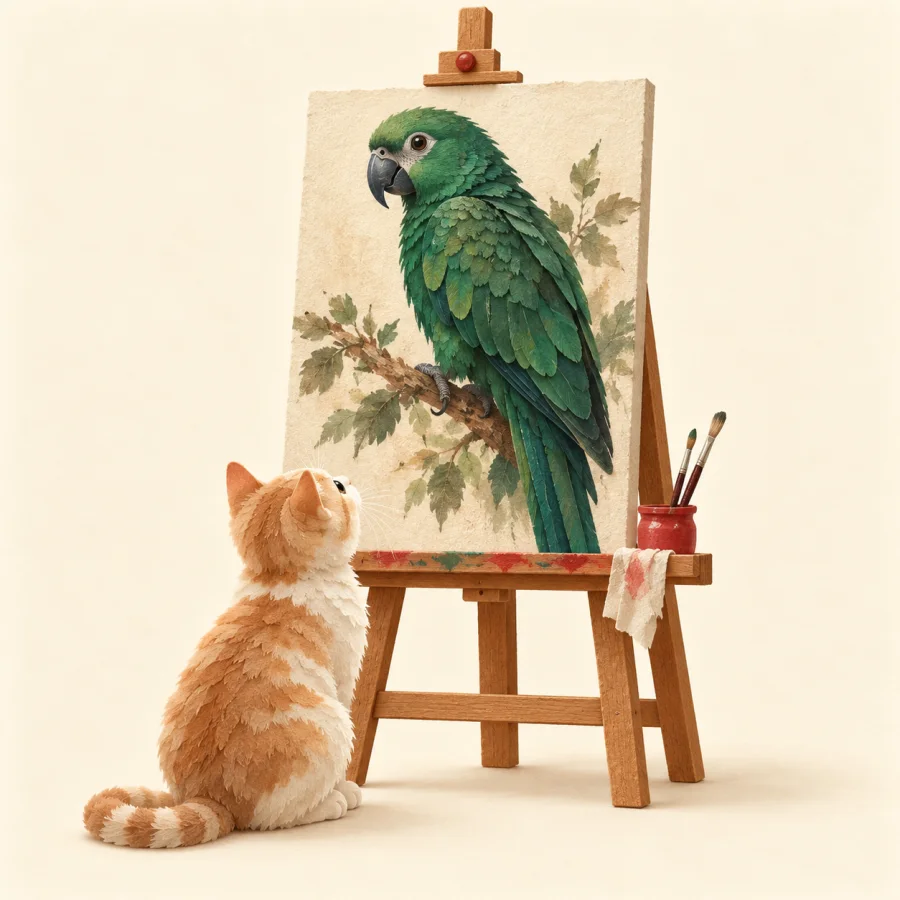 A cat stares at a lifelike painted parrot