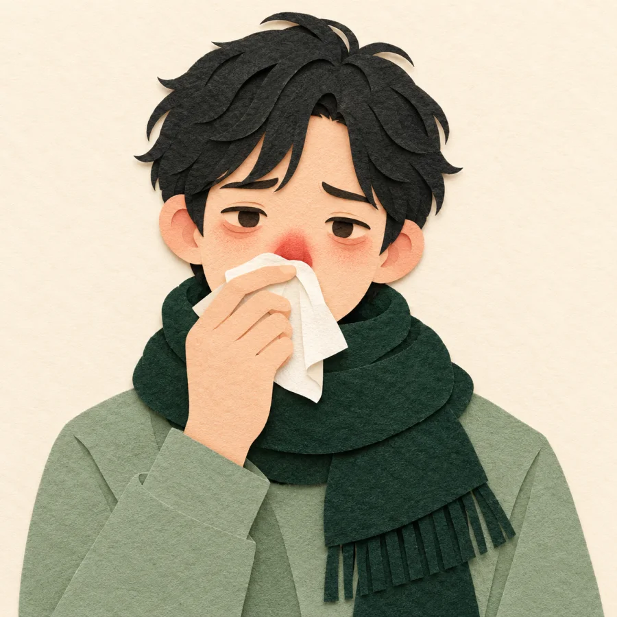 A person with a cold dabs their nose with a tissue