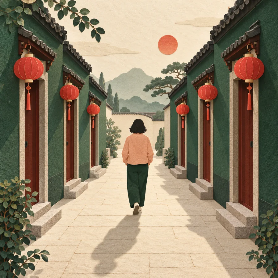 A red lantern hangs at every doorway along a street