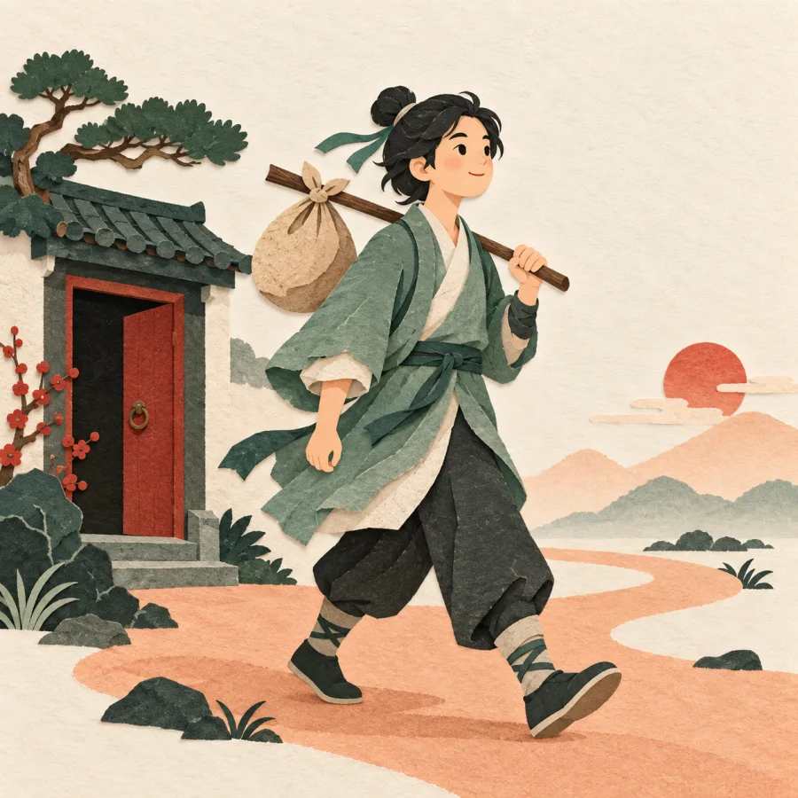 A traveler leaving through a doorway