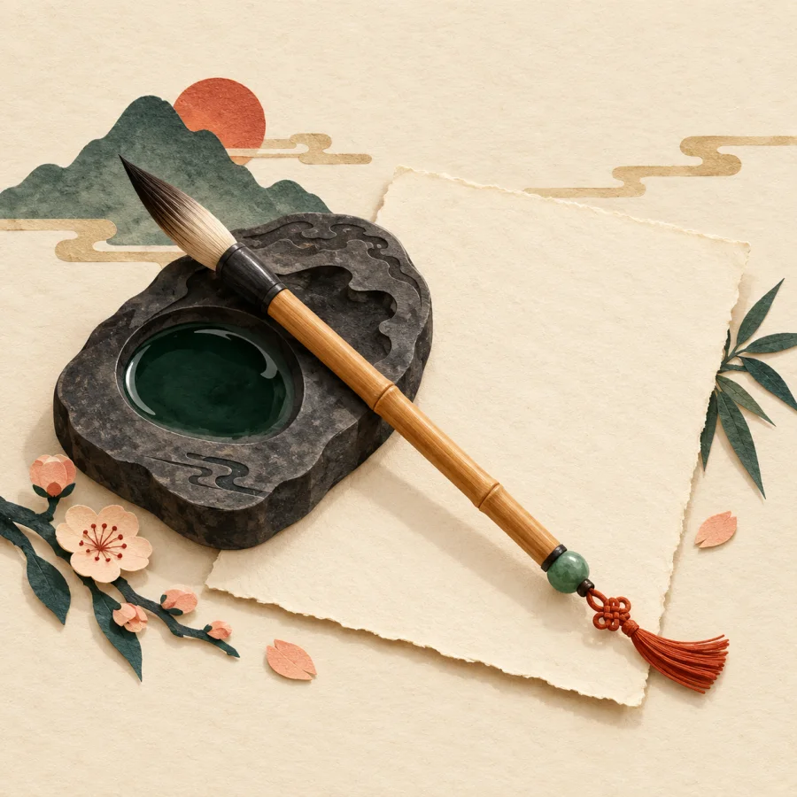 A brush rests on an ink stone beside a blank sheet