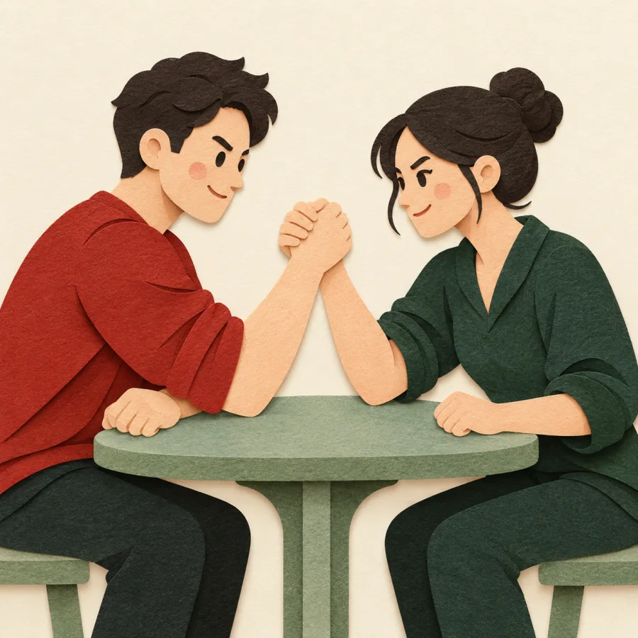 Two people arm wrestle at a small table
