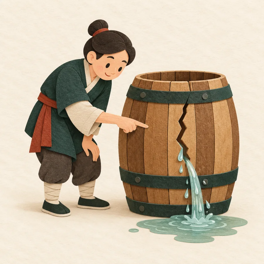 A person points at a crack in a leaking barrel