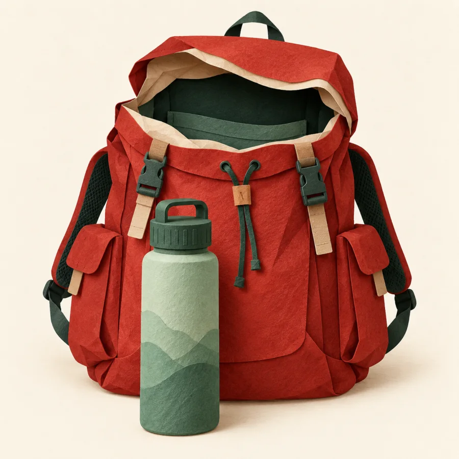 A red backpack with a water bottle in front