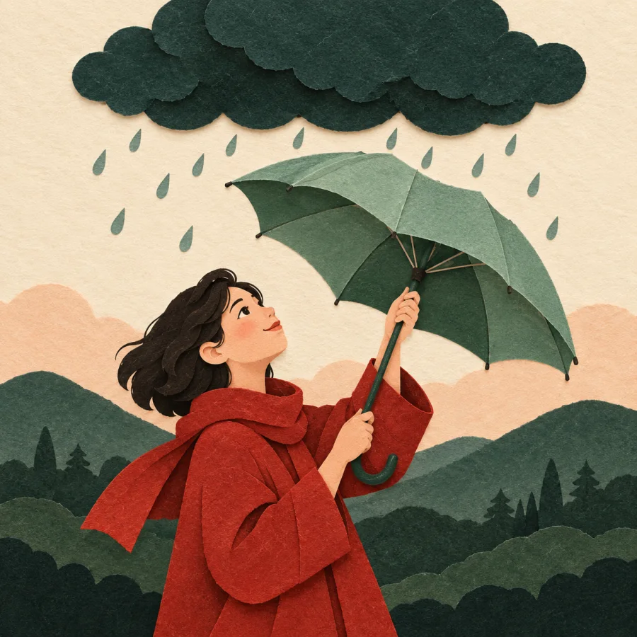A person looks at a dark cloud and opens an umbrella