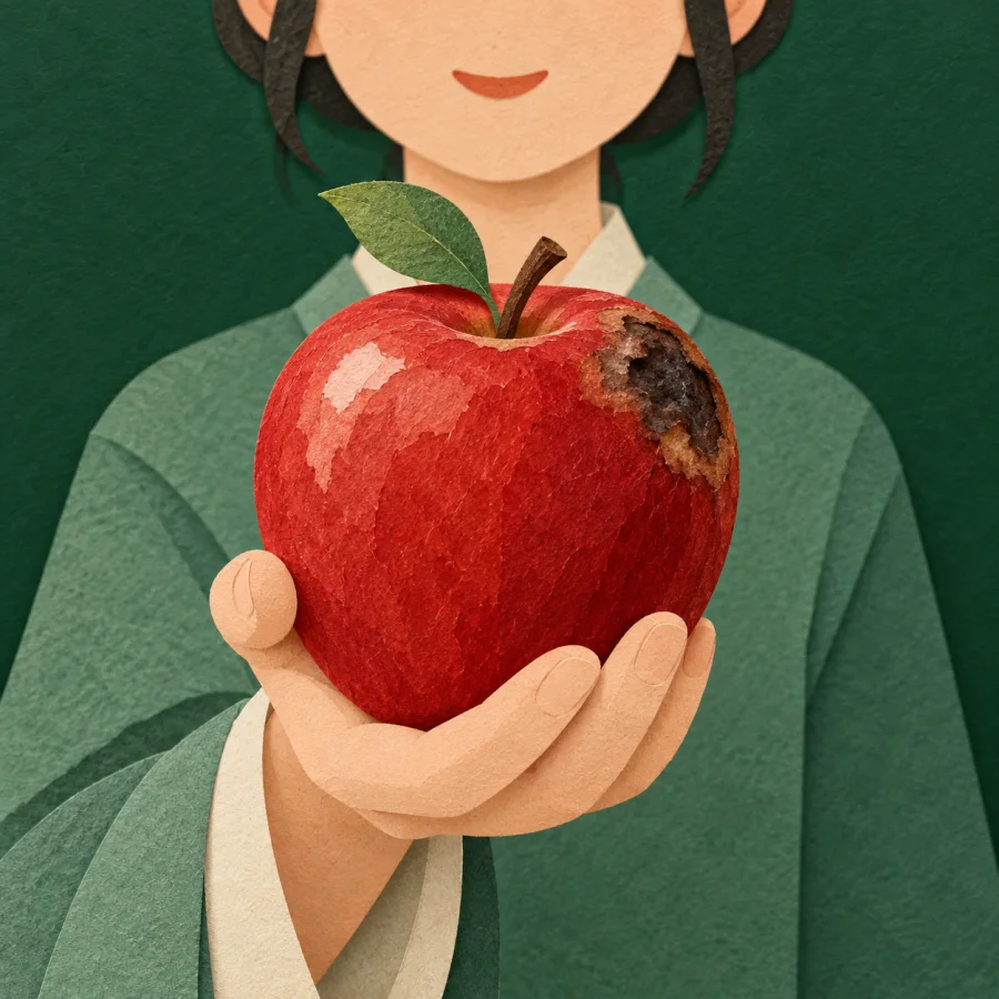 A red apple with a rotten spot on its far side