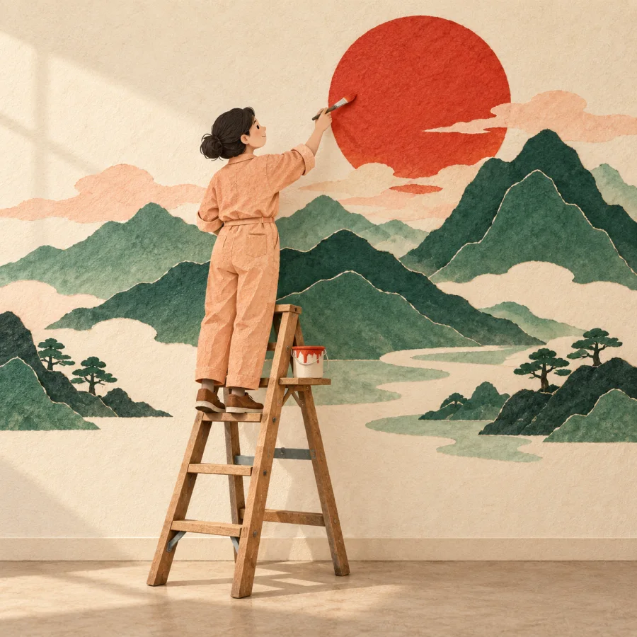 A painter on a ladder paints mountains and a sun on a wall