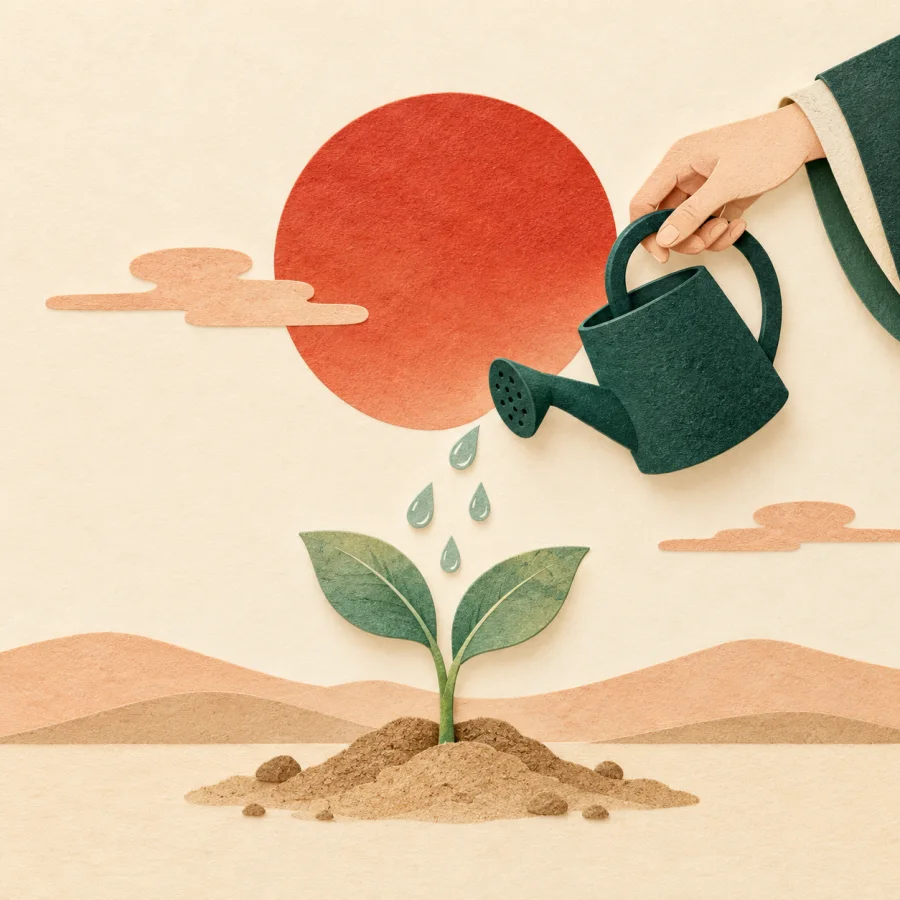 A hand waters a sprout under the rising sun
