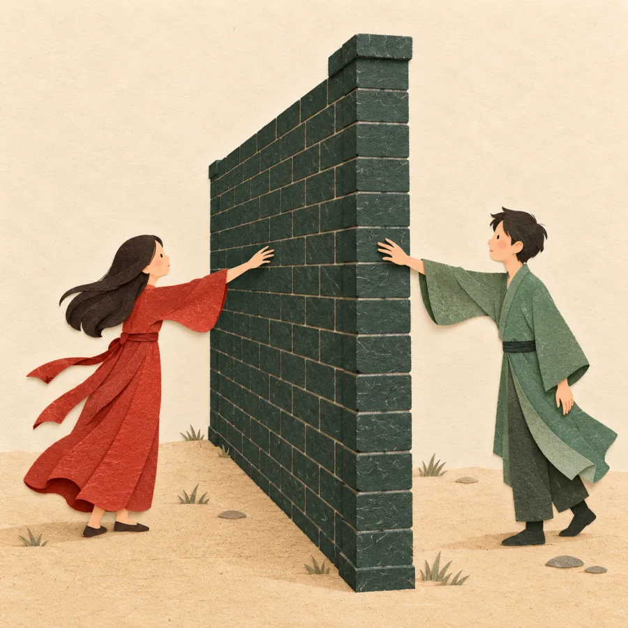 Two people reach toward each other across a tall wall