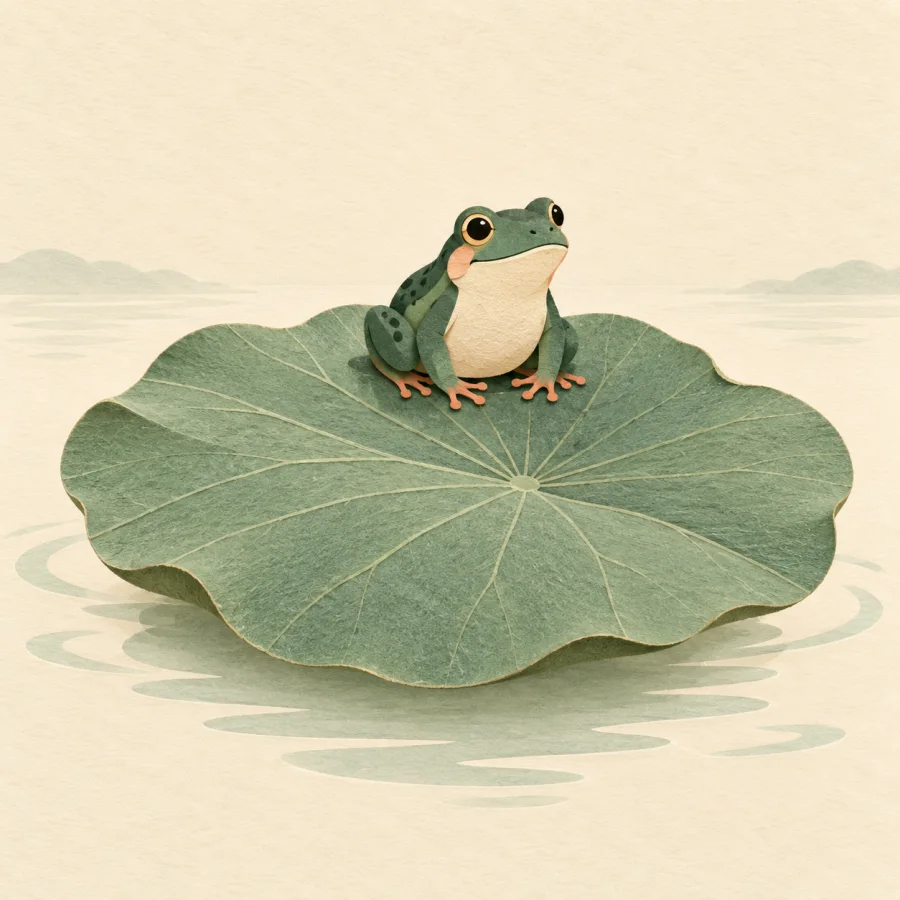 A frog sits on a big green lotus leaf