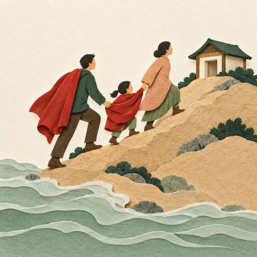 A family climbs a hill as water rises below