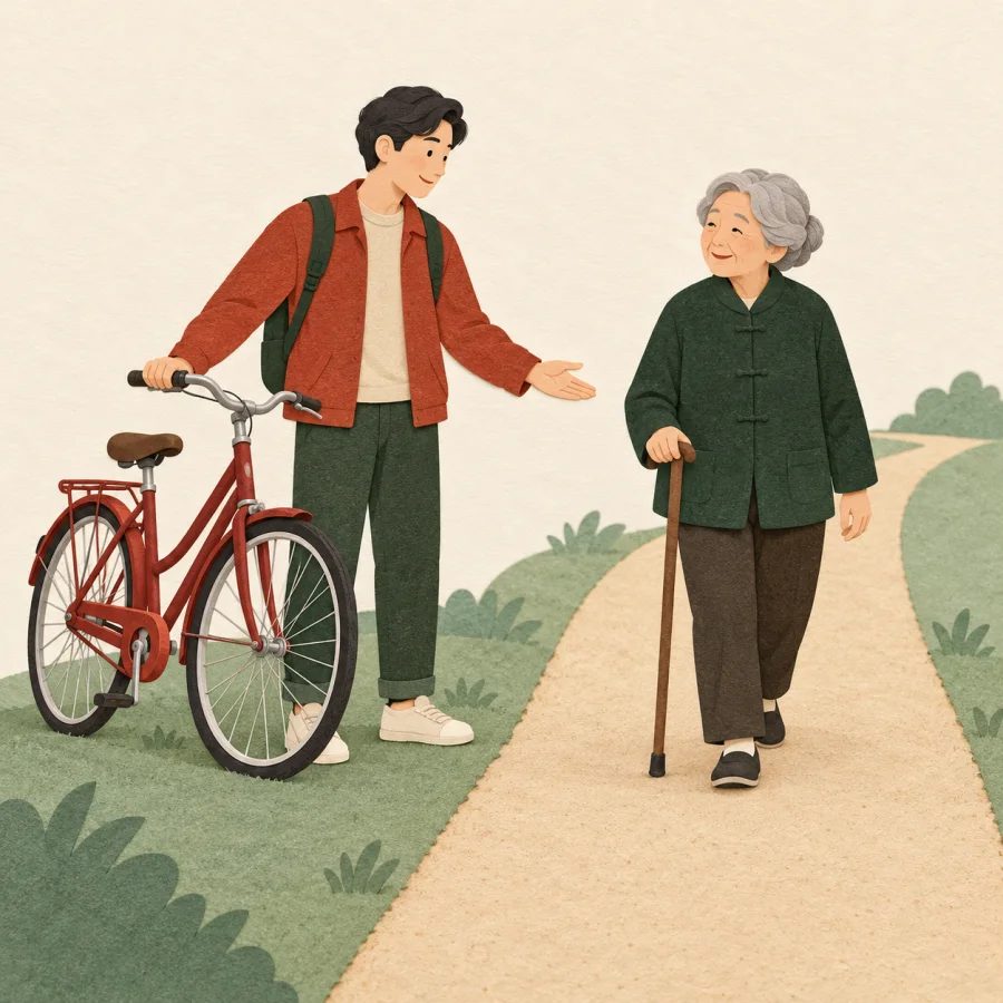 A cyclist steps aside to let an elderly walker pass