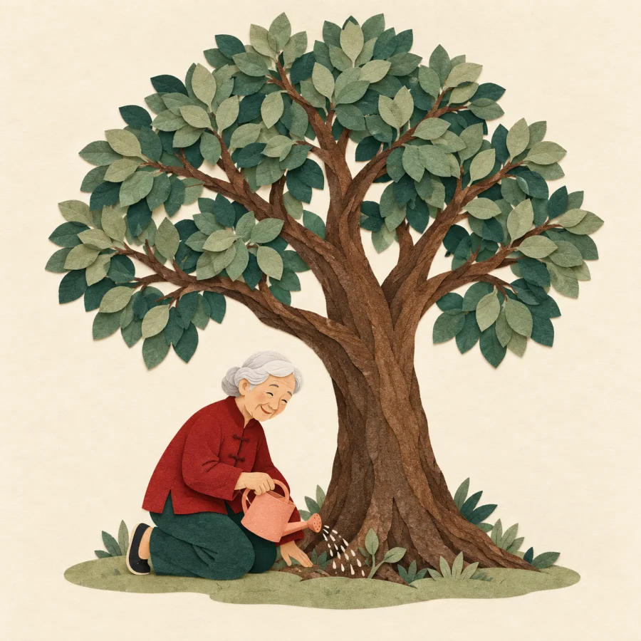 An elderly person beside a tall tree they planted
