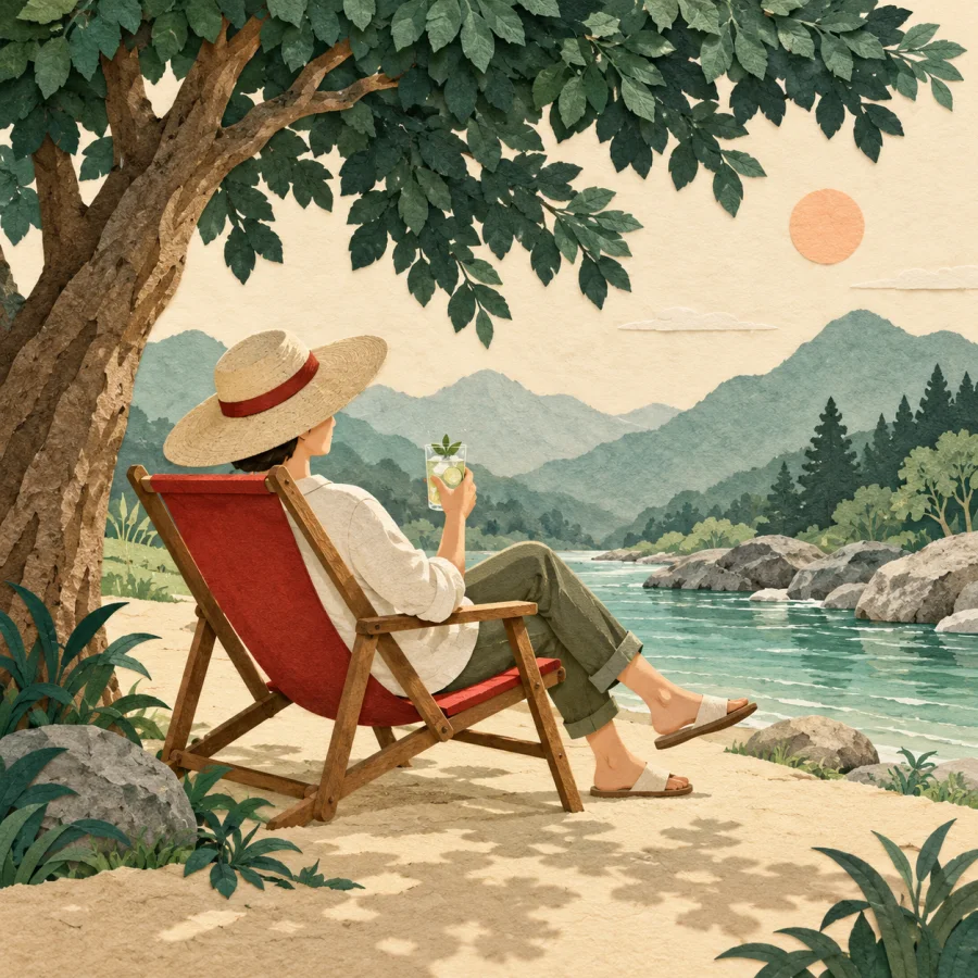 A person rests in a deck chair under a tree by a stream