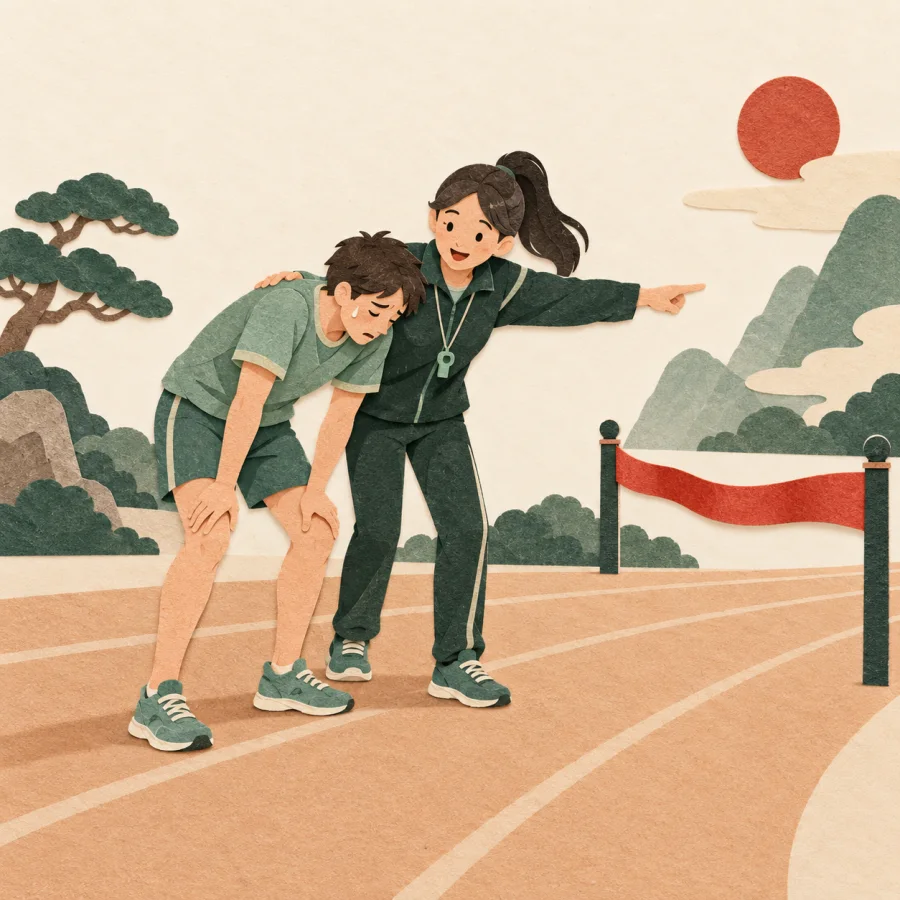 A coach points a tired runner toward the finish ribbon