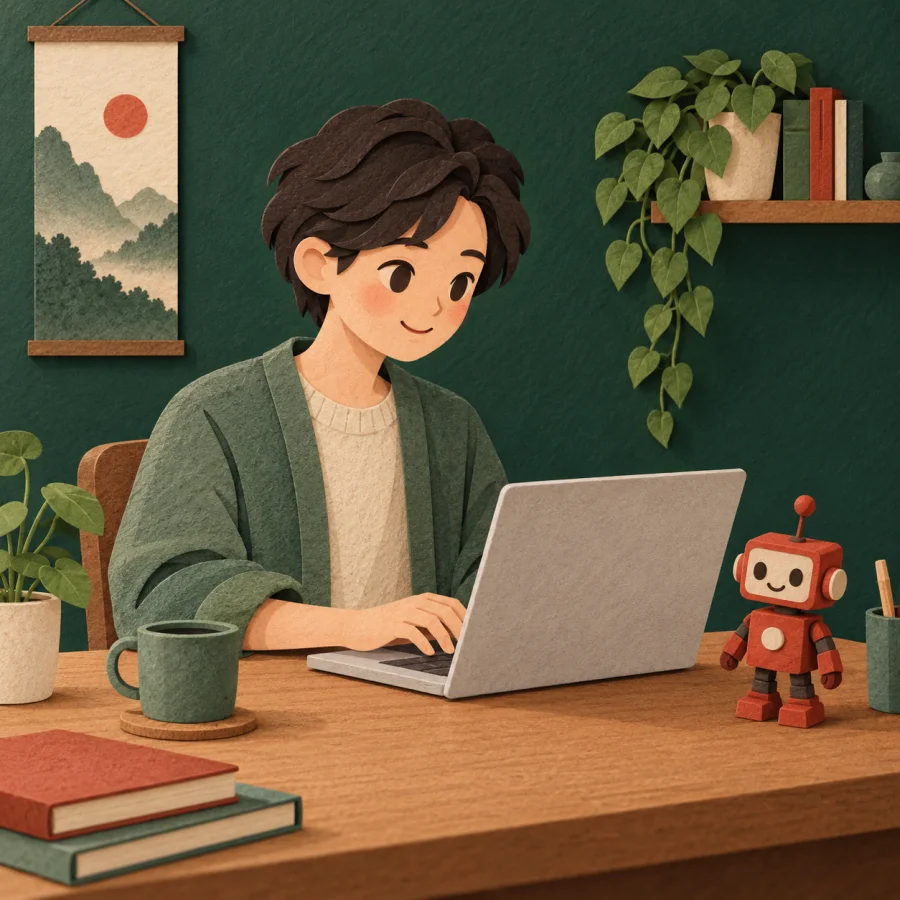 A person types on a laptop beside a toy robot