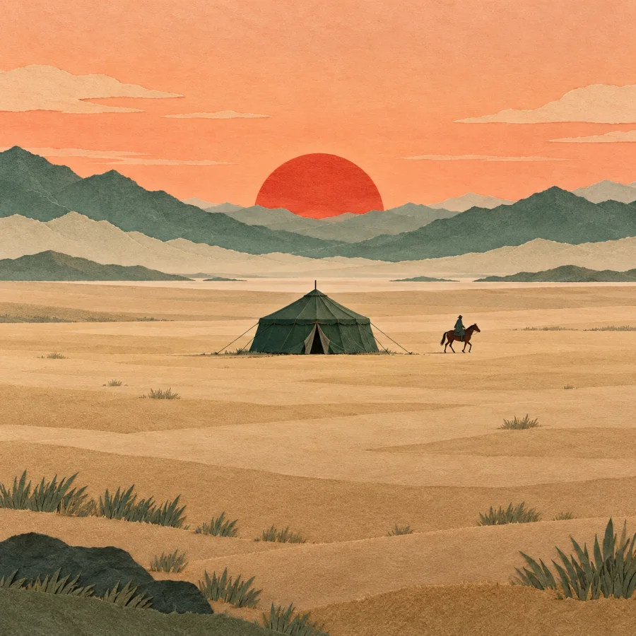 A rider and a tent on a wide plain below far mountains