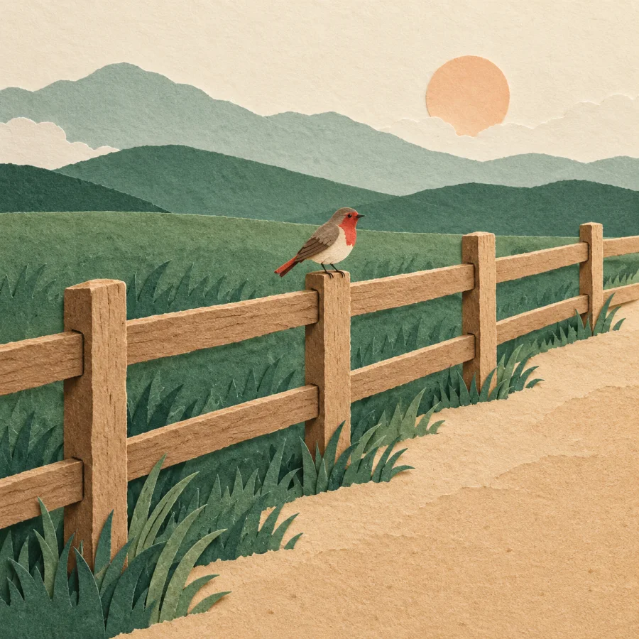 A wooden fence divides a field into two parts
