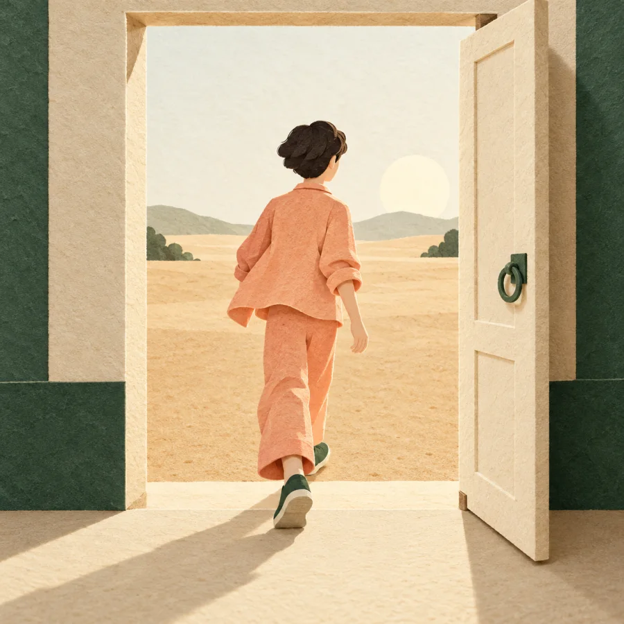 A person walking through a doorway