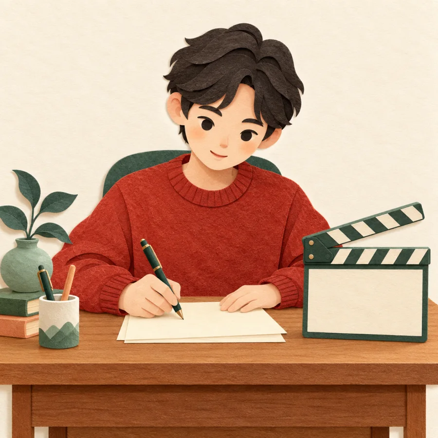 A person writes at a desk beside a film clapperboard