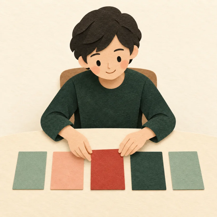A person lays out coloured cards in a neat sequence