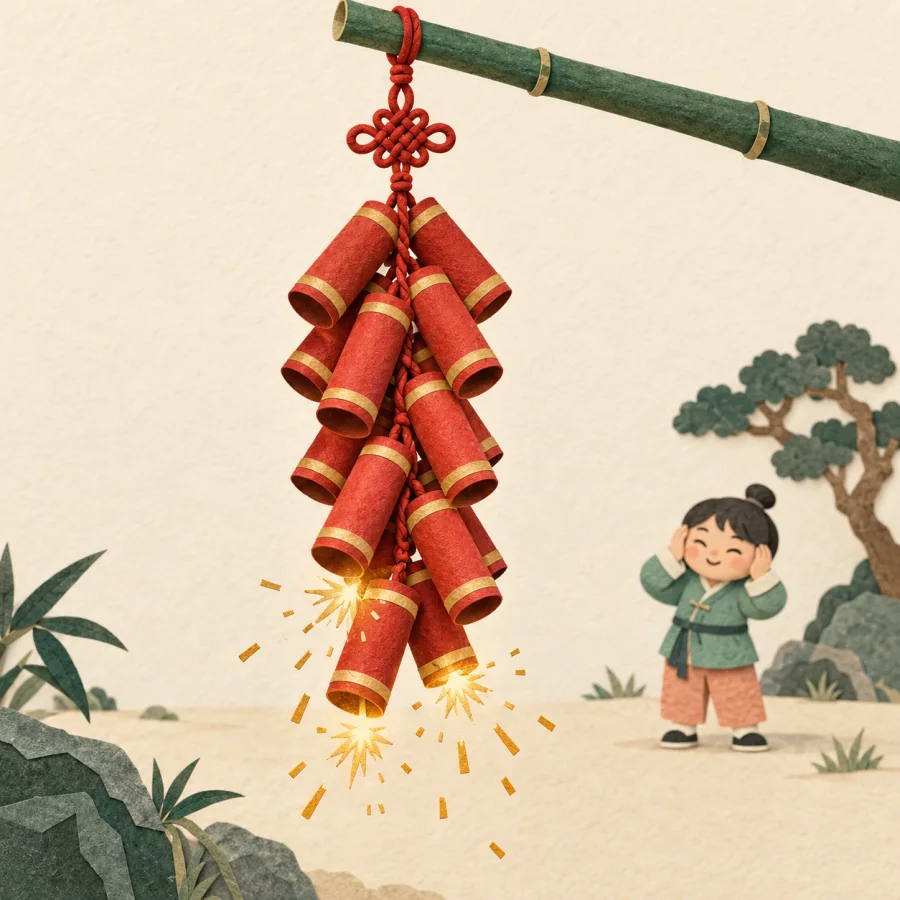 A string of red firecrackers hangs from a bamboo pole