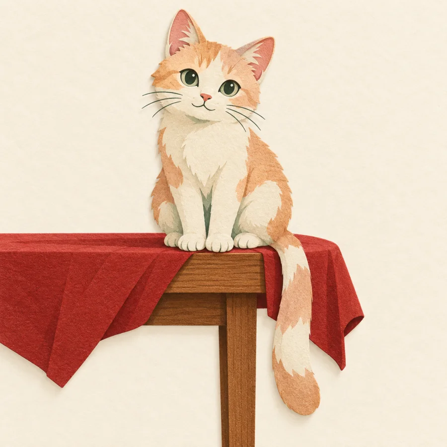 A cat sits right on the edge of a table