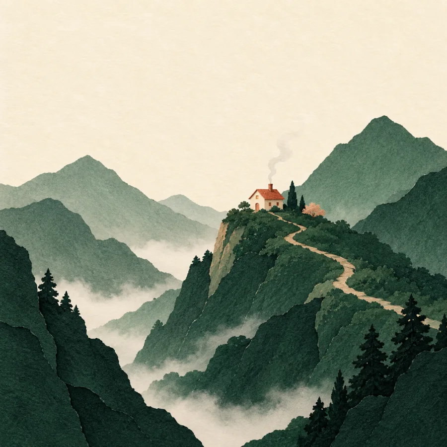 A tiny house on a far mountain slope